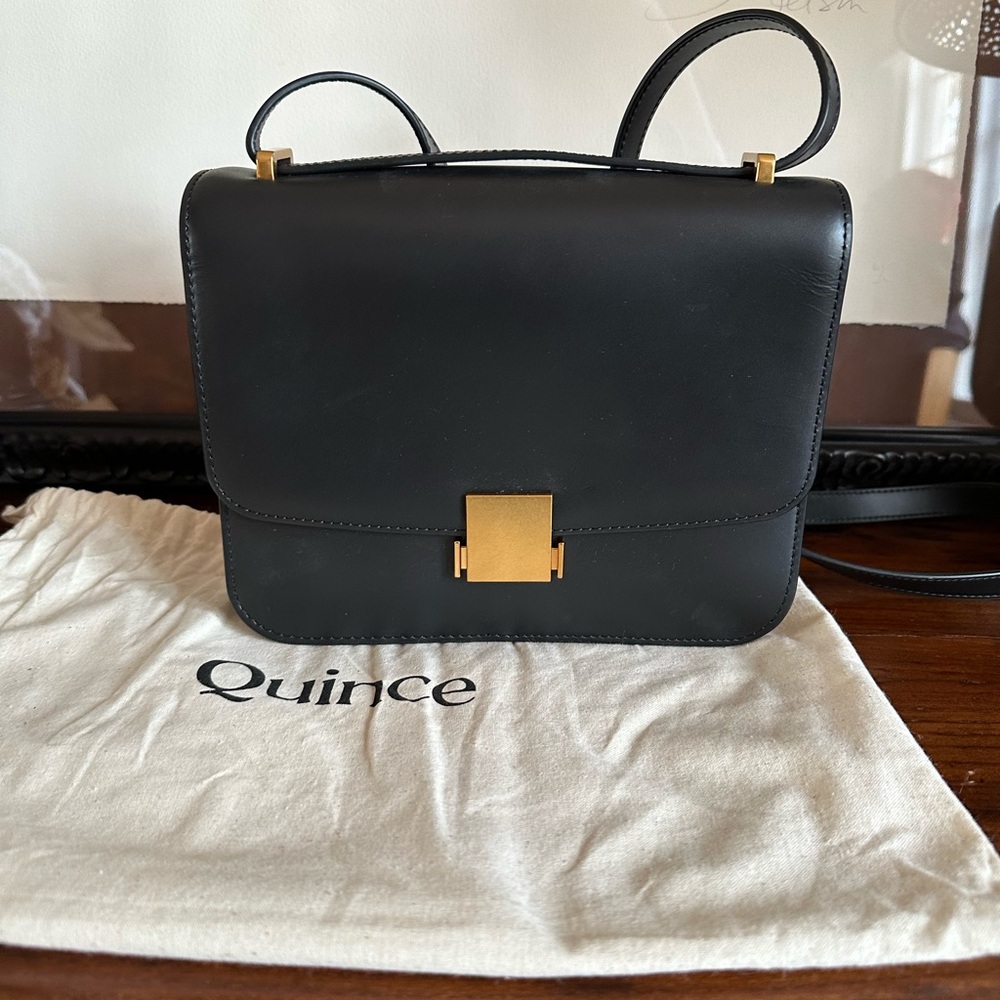 Quince Black Italian Leather Box Crossbody & Shoulder Bag with Gold Accents